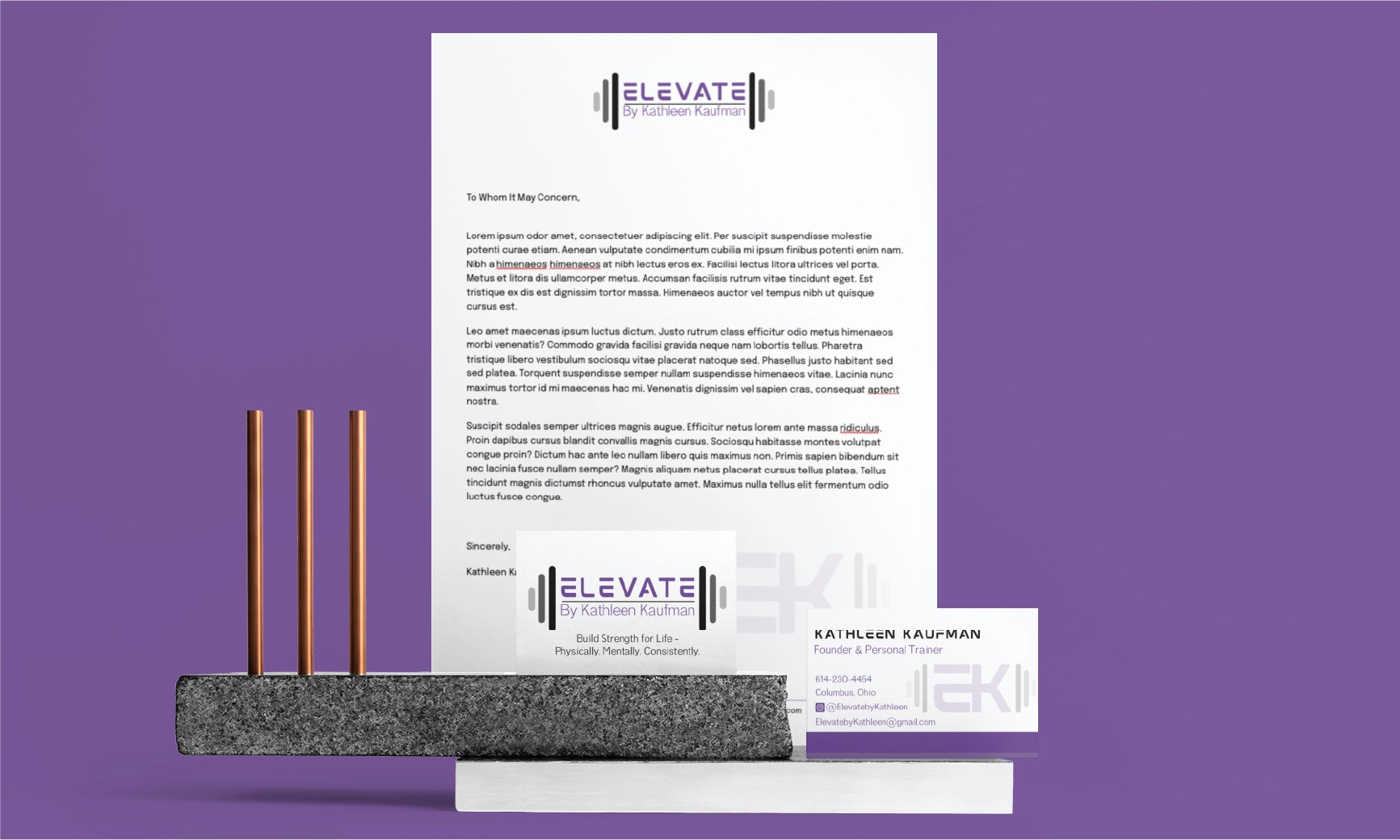 Branded stationery set on a purple background, including a letterhead, business card, and a modern stand with copper rods. The brand name ELEVATE by Kathleen Kaufman and logo are visible on the items, showcasing sophisticated stationery design perfect for an Ohio-based personal trainer looking to make a bold professional statement.