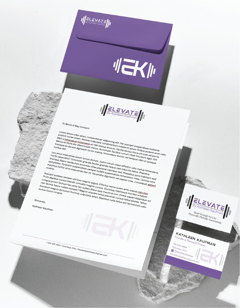Purple and white branded stationery set, featuring professional stationery design for Elevate: Personal Fitness in Ohio. This set includes an envelope, letterhead, and business card for a personal trainer, with all items displaying the logo with stylized weights and contact information.