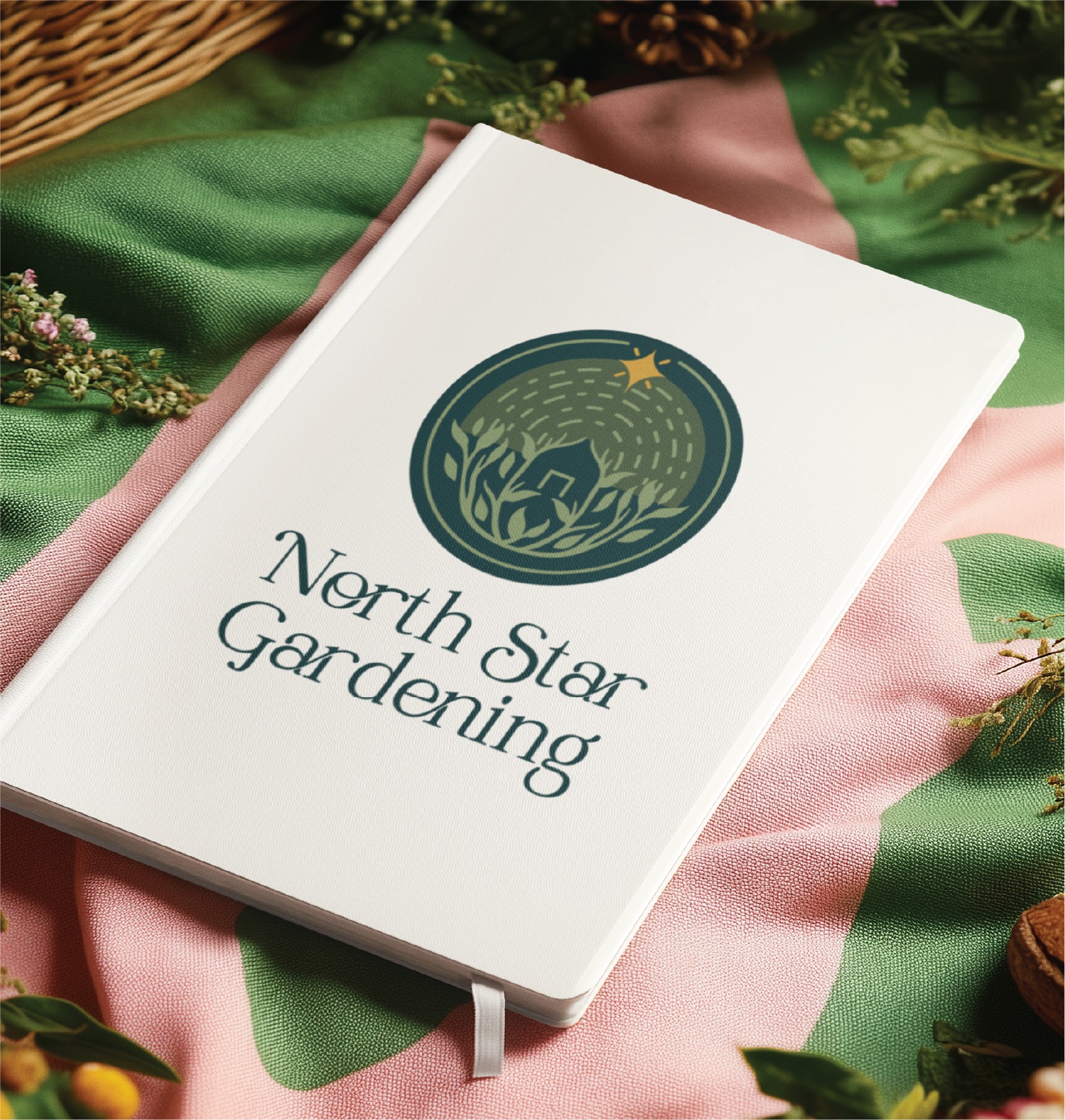 A white notebook with North Star Gardening and a captivating logo illustration of a house, plants, and a star lies on a pink and green fabric, surrounded by small flowers and greenery—perfect for jotting down your California garden care notes.