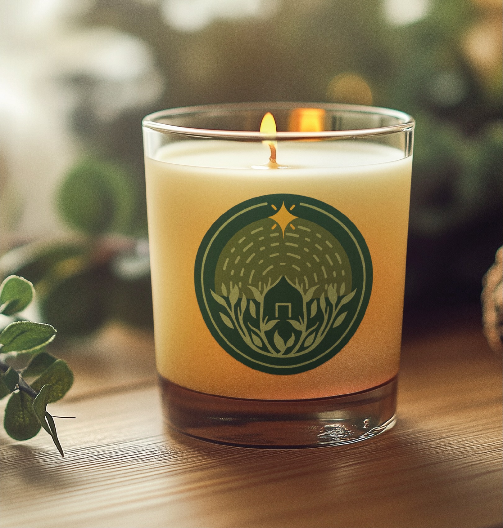 A lit candle in a glass holder with a green, California garden care-inspired logo illustration, placed on a wooden surface with blurred greenery in the background.
