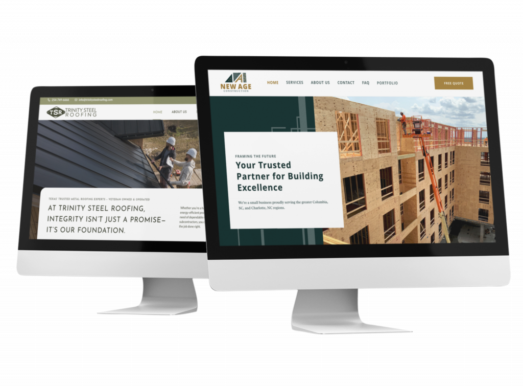Two computer monitors display construction company websites: one for Trinity Steel Roofing with a roof image, the other for New Age with a building under construction and a worker on a cherry picker. Both screens showcase professional website design and strong company branding, highlighting the importance of an impactful construction website.