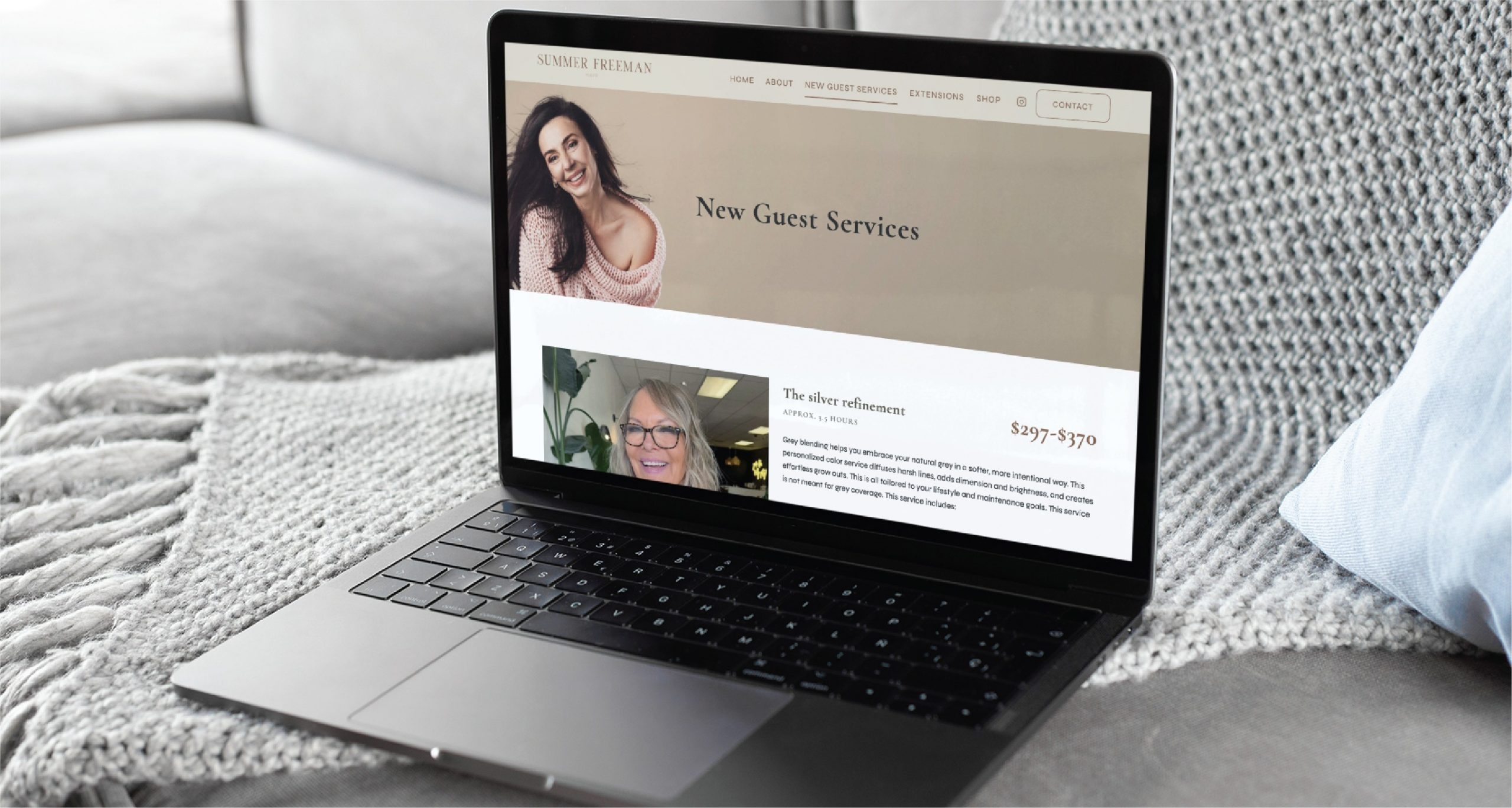 A laptop on a gray blanket displays a website titled New Guest Services, featuring images of two women and contact information visible on the screen—an elegant example of website design tailored for a California hairdresser.