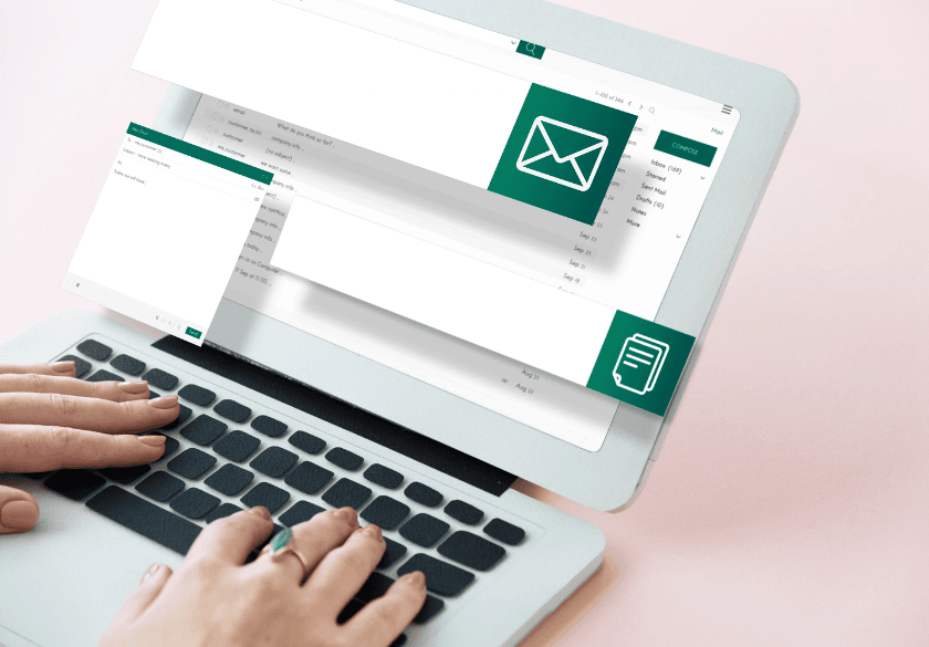 Hands typing on a laptop keyboard with digital email icons and message windows superimposed on the screen, suggesting email communication and efficient marketing tracking to help you track your links seamlessly.