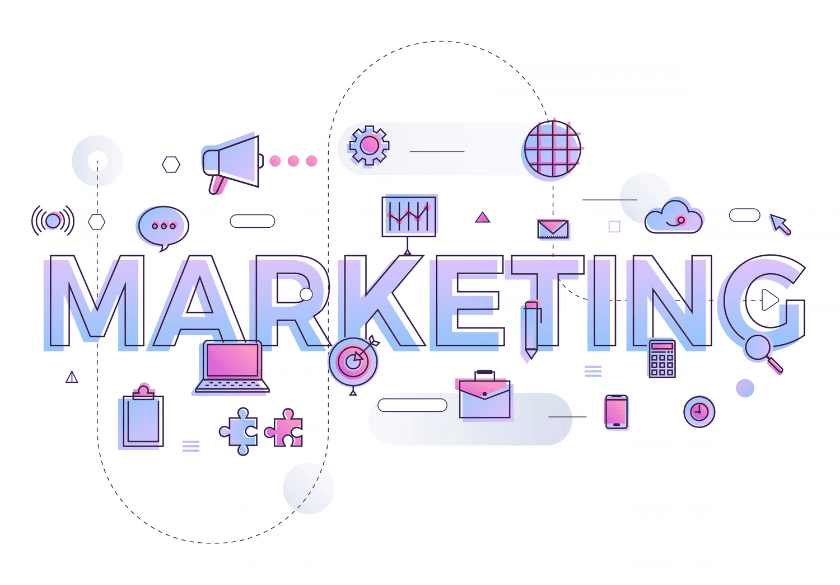 Word MARKETING in large blue-purple letters, surrounded by icons including a megaphone, gears, globe, laptop, target, briefcase, puzzle pieces, envelope, smartphone, and graph—each symbolizing essential marketing concepts such as Link Tracking and Marketing Tracking to help you measure campaign performance effectively.
