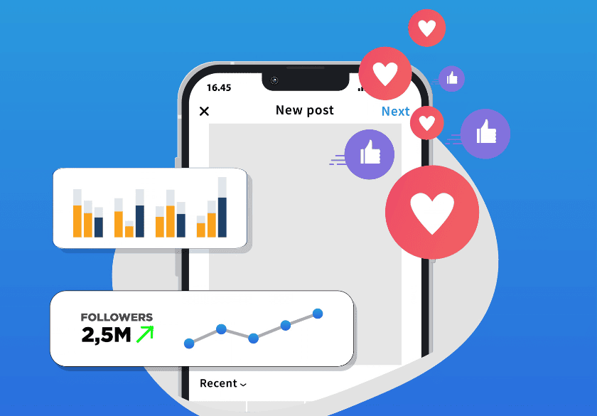 A smartphone displays social media stats, including follower growth, engagement charts, and floating heart and thumbs-up icons, signifying increased online interaction and effective marketing tracking.