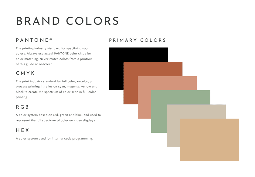 Five overlapping rectangles in black, rust, coral, green, taupe, and tan illustrate primary brand assets in an organized display of color for small business owners. Text explains Pantone, CMYK, RGB, and HEX color systems on a white background.