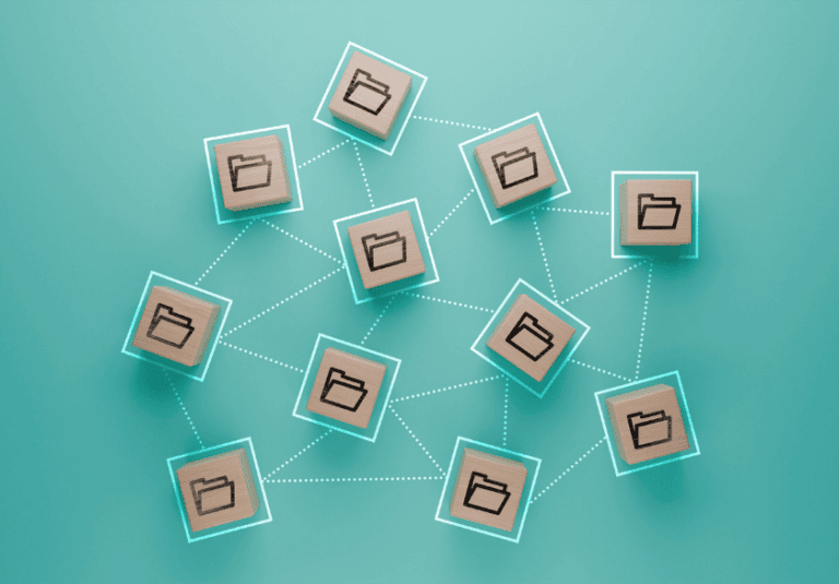 Twelve wooden tiles with folder icons are connected by dotted lines on a teal background, representing organized networked data sharing or distributed file systems—ideal for small businesses to efficiently manage and access brand assets.