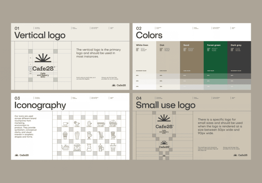 Brand guidelines with four organized sections: Vertical logo, Colors, Iconography, and Small use logo—all featuring neutral tones, color swatches, minimal icons, and design instructions. Perfect for small business owners looking to manage Cafe28 brand assets with clarity and consistency.