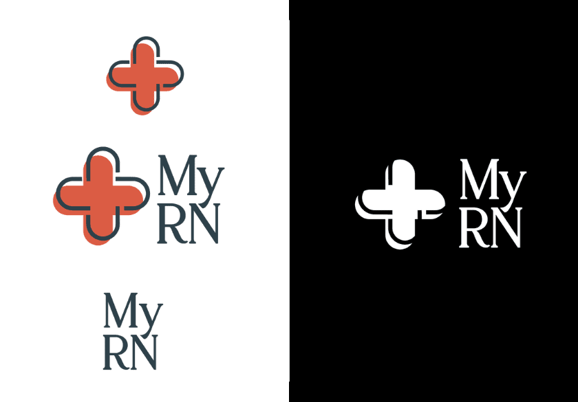Two versions of a logo with a cross symbol and the text My RN, designed to help small businesses keep their brand assets organized. Left: red cross and dark text on white. Right: white cross and text on black. Each shows the cross above and to the left of My RN.