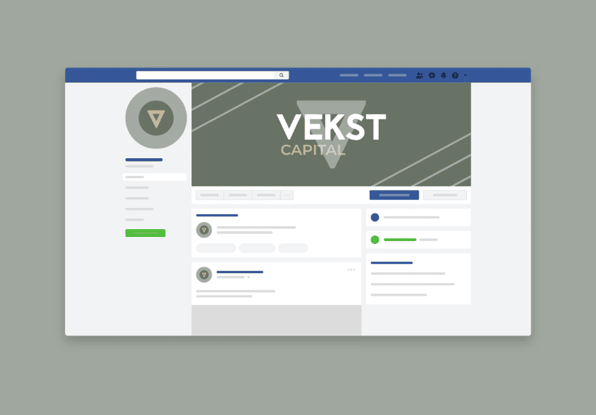 A social media profile page for VEKST CAPITAL with a gray cover image, logo, and blank user information sections, set against a muted green background. The organized layout highlights brand assets, making it ideal for small business branding.