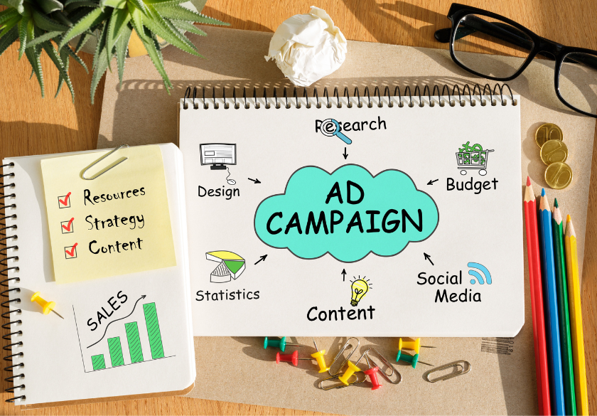 A notepad shows AD CAMPAIGN in the center, surrounded by words and icons for research, budget, social media, content, statistics, and design—everything a small business needs to succeed. Office supplies, charts, and glasses are on the desk alongside sketches of a landing page layout.