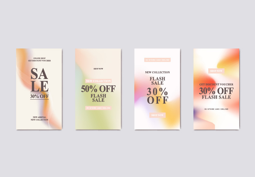 Four promotional posters with pastel gradients advertise flash sales and 30% to 50% off new collections, available in-store and online. Perfect for marketing your small business, each design features bold text and soft abstract backgrounds—ideal for grabbing attention on your website or landing page.