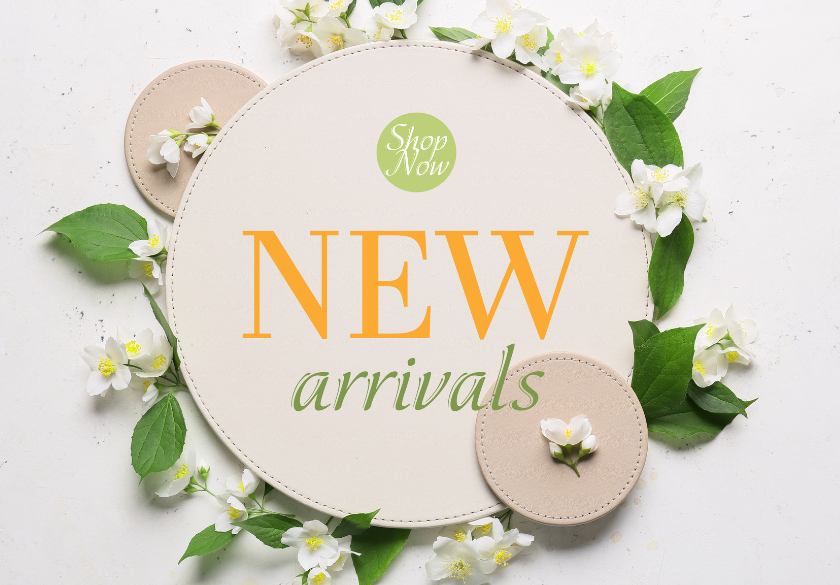 Round beige sign with green leaves and white flowers reads Shop Now. NEW arrivals in green and orange text, set on a white background—perfect for your small business landing page.