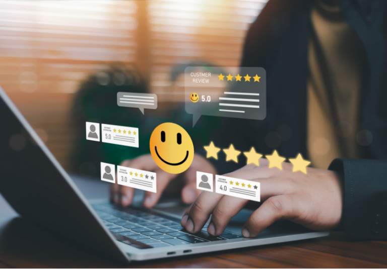 Hands typing on a laptop with digital graphics of customer reviews, star ratings, and a large smiley face overlaid, symbolizing positive online feedback, high satisfaction, and strong website trust.
