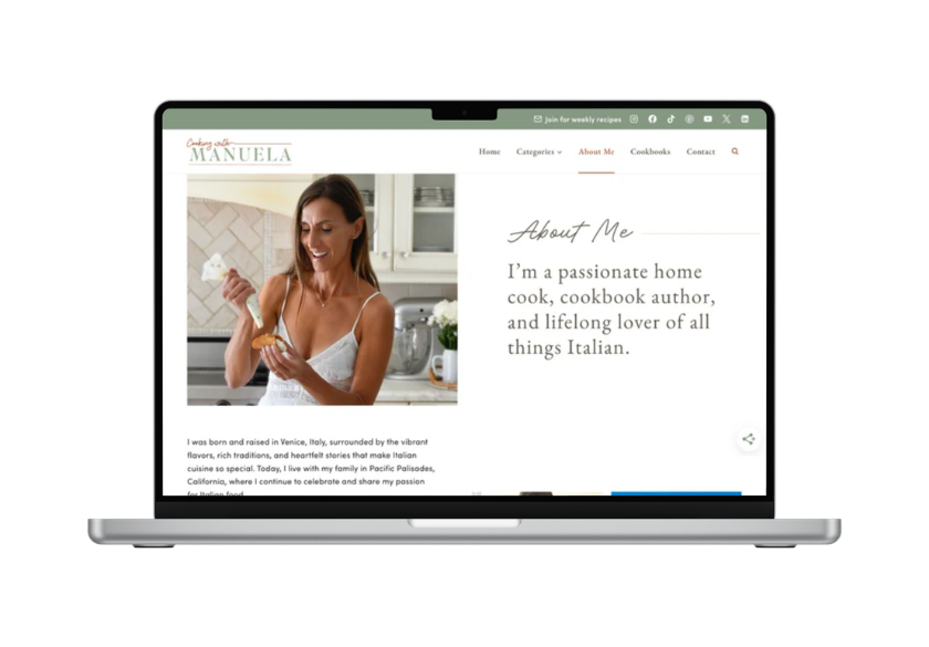 A laptop screen displays a website featuring a woman smiling while cooking, alongside a text section introducing her as a passionate home cook, cookbook author, and lover of Italian cuisine—elements that help establish website credibility and encourage visitors to trust your website.