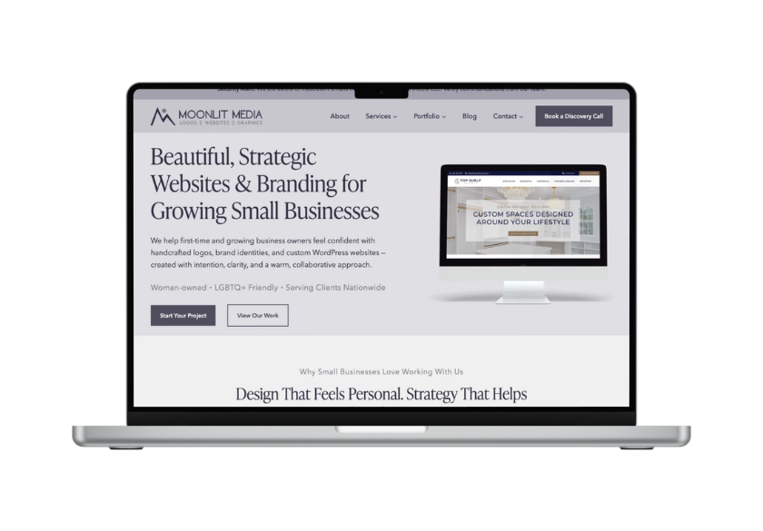A laptop displays the Moonlit Media website, highlighting services for strategic websites and branding for small businesses, with navigation options and a prominent headline that emphasizes website credibility.