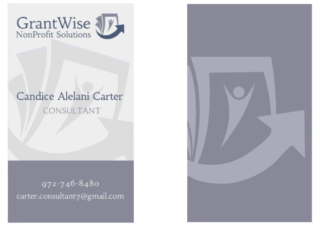 Business card for GrantWise NonProfit Solutions, consultant Candice Alelani Carter. Features professional print design with the company logo, title, phone number (972-746-8480), and email (carter.consultant7@gmail.com) on a sleek blue and white background—serving clients in Pennsylvania and beyond.