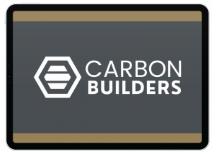 Tablet screen displaying the Carbon Builders logo with a hexagon and horizontal stripes on a dark background, highlighting their reputation as a Full Service Contractor based in Michigan.