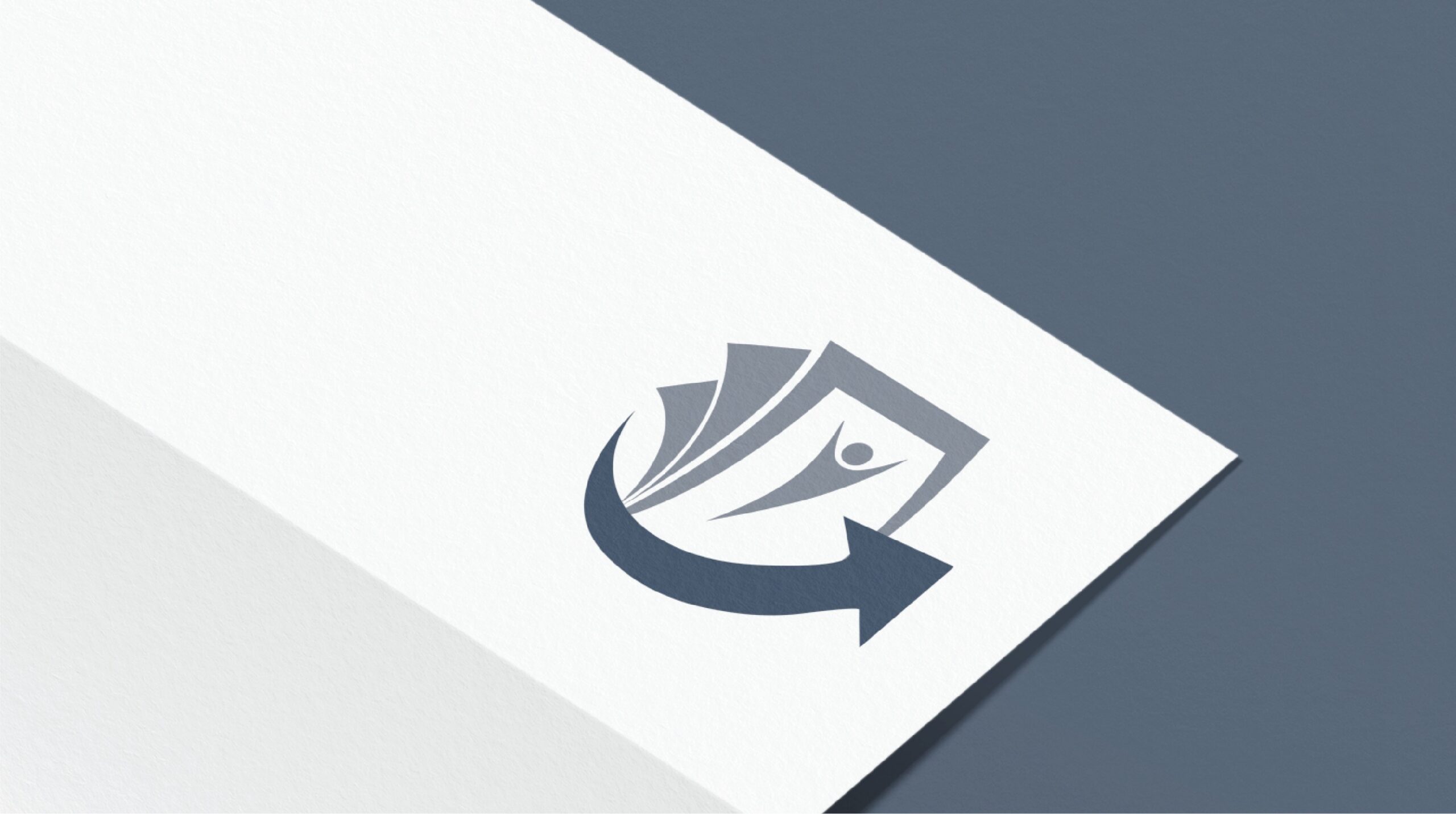 A logo featuring three stacked pages with a human figure on the front and a curved arrow swooping underneath, all in shades of gray on white paper—perfect for Texas non-profit grant writing stationery design.