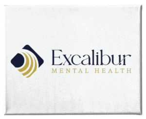 Excalibur Mental Health logo featuring a stylized navy and gold icon to the left of the company name in navy and the words Mental Health Services below in gold, creating an impactful branding design that reflects their US presence.