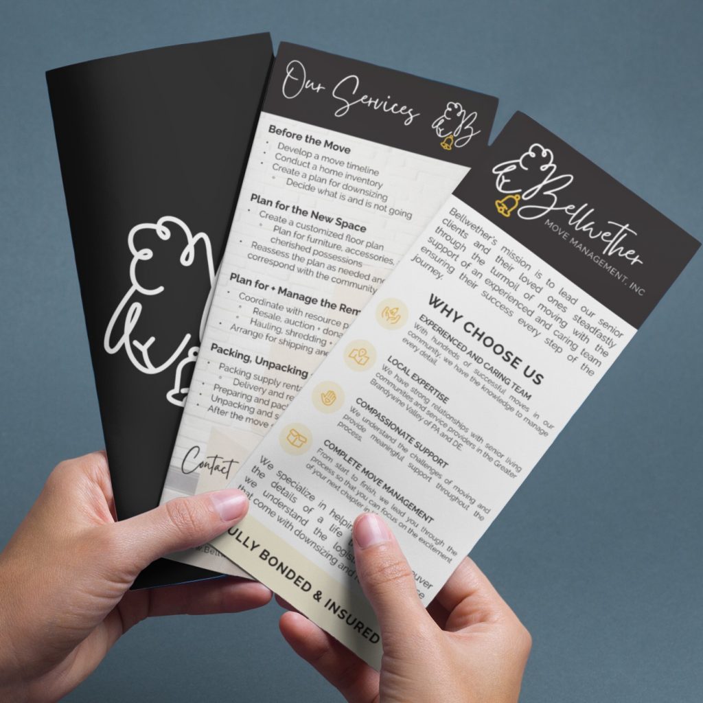Two hands hold a trifold brochure for Bellwether Move Management, Inc., listing moving services, benefits, and contact info. The print design features clean text, icons, and a white logo on a black panel—an ideal solution for California nonprofit housing providers seeking organized relocation assistance.