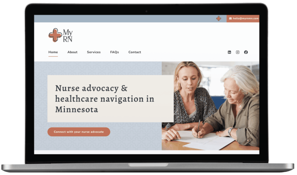 A laptop screen displays a website for My RN featuring modern website design, with two women reviewing paperwork and text promoting nurse advocacy and healthcare navigation services in Minnesota.