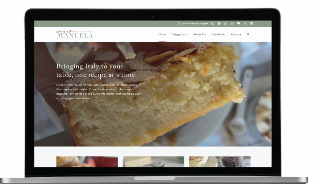 A laptop displays a food blog featuring a close-up of a moist cake slice with almond flakes. The website headline reads, Bringing Italy to your table, one recipe at a time. Showcasing the flair of California’s vibrant food culture and crafted through custom website design, this inviting site inspires every home cook to explore authentic Italian recipes.