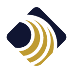 Abstract logo with a navy diamond shape, three gold curved lines, and a white curved stripe intersecting, forming a modern, dynamic branding design on a light gray background—perfect for representing innovative Florida mental health services.