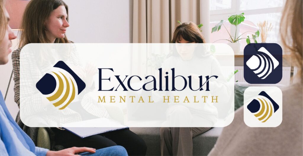 Three people sit and talk in a bright room. Overlaid is the Excalibur Mental Health logo, showcasing expert branding design with stylized gold and navy shapes and the company name in an elegant font, reflecting their dedication to providing exceptional mental health services in the US.