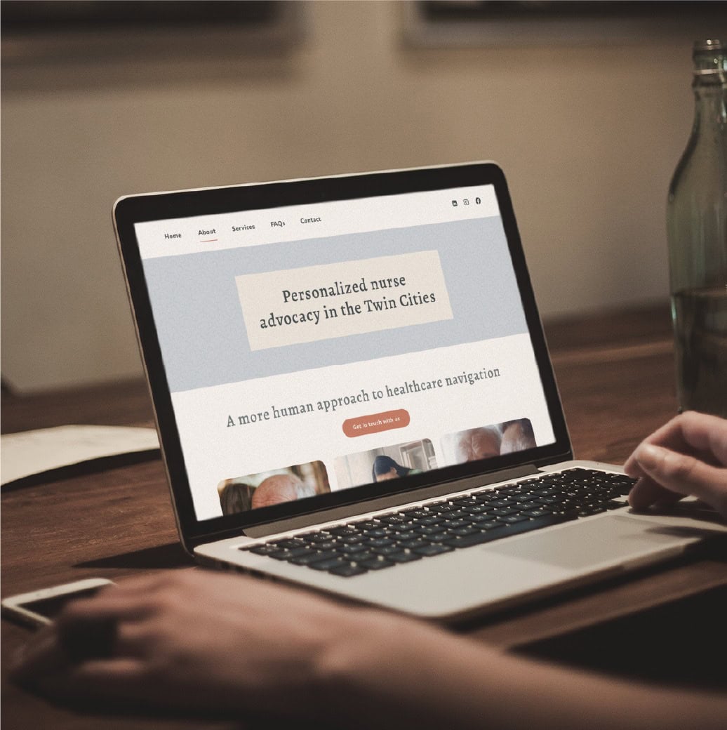 A person uses a laptop displaying a website with the text Personalized nurse advocacy in the Twin Cities and A more human approach to healthcare navigation on the screen, highlighting expert RN Services and thoughtful website design focused on Minnesota residents.