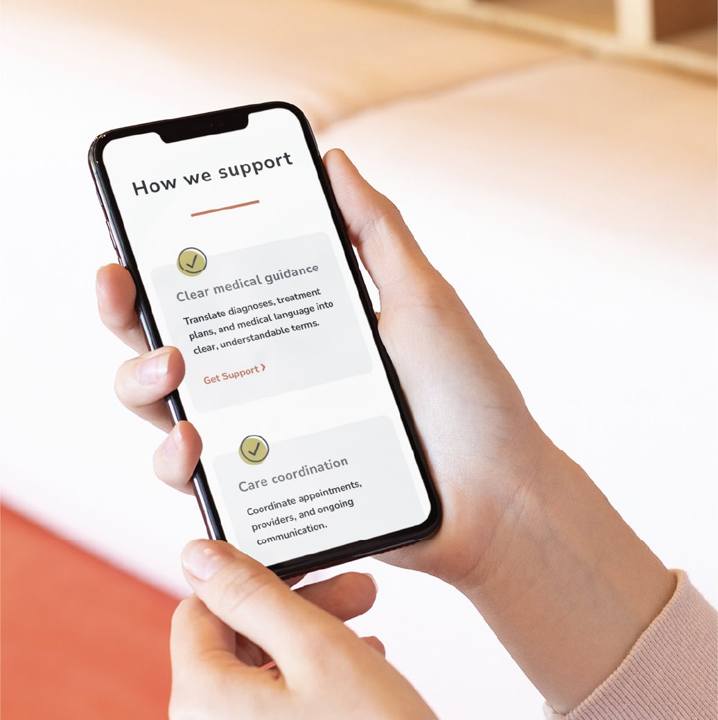 A person holds a smartphone displaying a webpage section titled How we support, with details about clear medical guidance and care coordination, highlighting thoughtful website design that makes it easy for Minnesota residents to access trusted RN services.