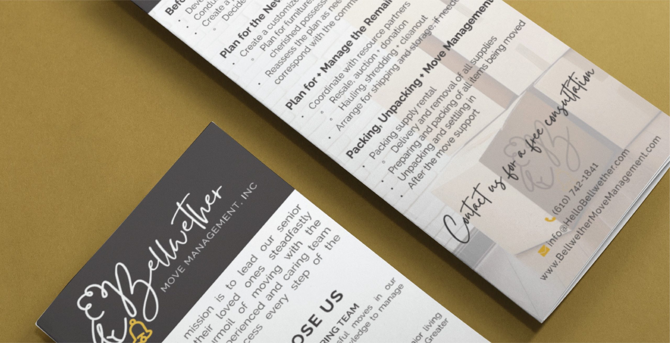 Two Bellwether Move Management flyers on a tan surface showcase their expert Move Management services in Pennsylvania, highlighting offerings such as packing, unpacking, and relocation coordination. The print design features contact information and a charming house illustration.