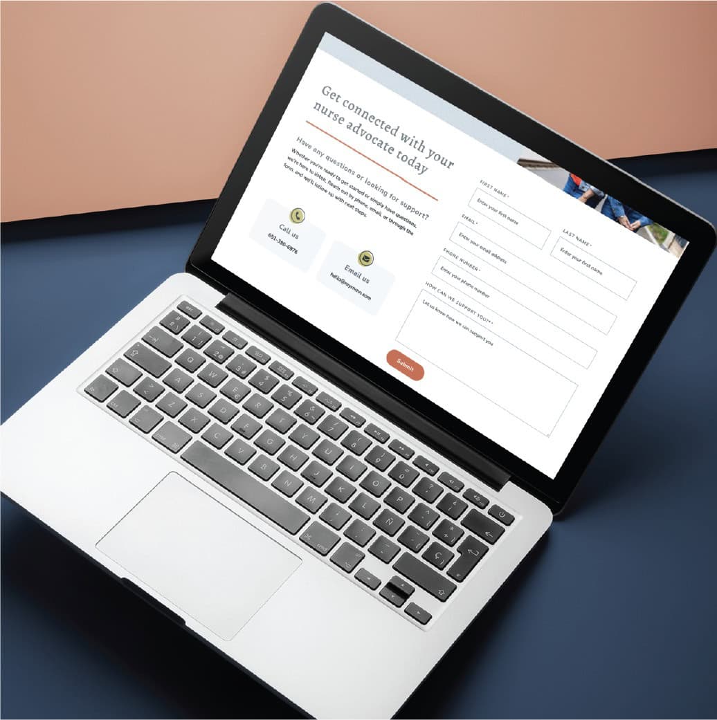 A laptop on a blue surface displays a website form titled Get connected with your nurse advocate today, featuring text fields and call-to-action buttons—highlighting modern website design for RN Services in Minnesota.