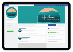 A tablet screen displays a Facebook business page for Hawthorne Massage and Self-Care, featuring a mountain logo with a sunset background—an example of custom social media design by this skilled Washington masseuse.