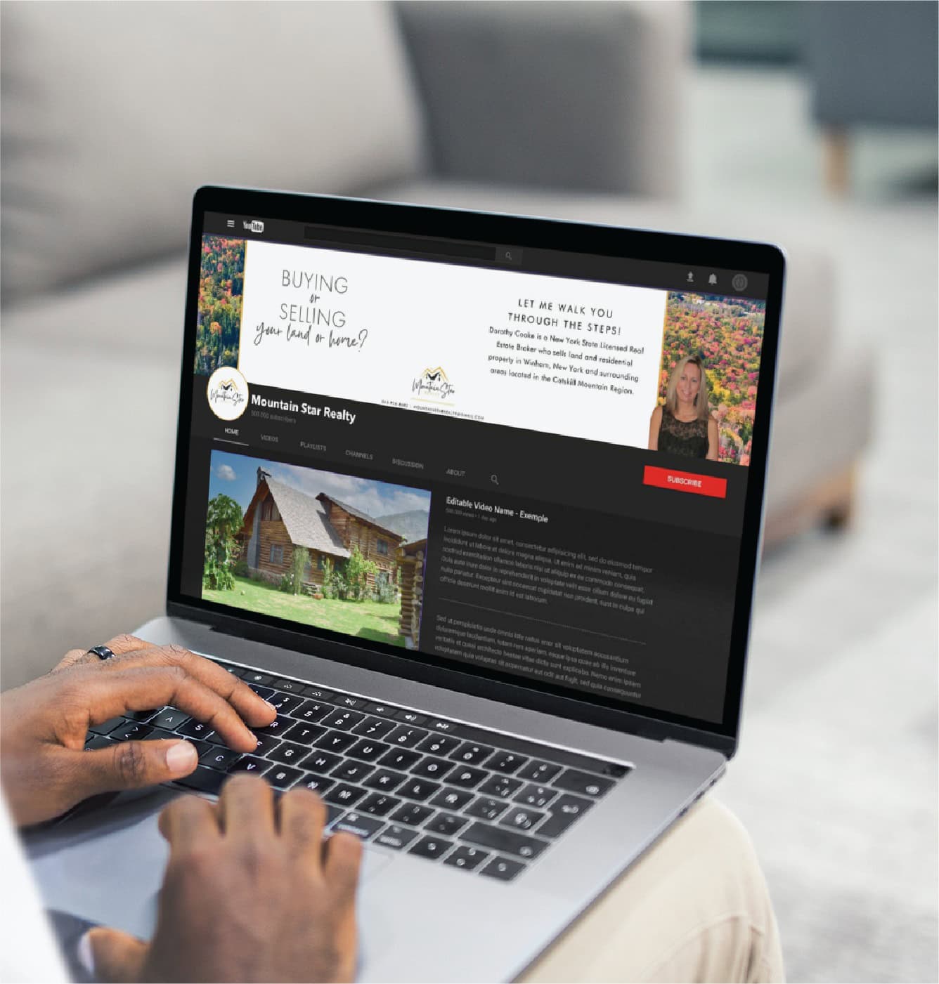 A person uses a laptop displaying a real estate website with a banner, agent photo, and a rustic house listing. The site is titled Mountain Star Realty, showcasing properties in Michigan. The user’s hands rest on the keyboard as they admire the site’s custom social media design elements.