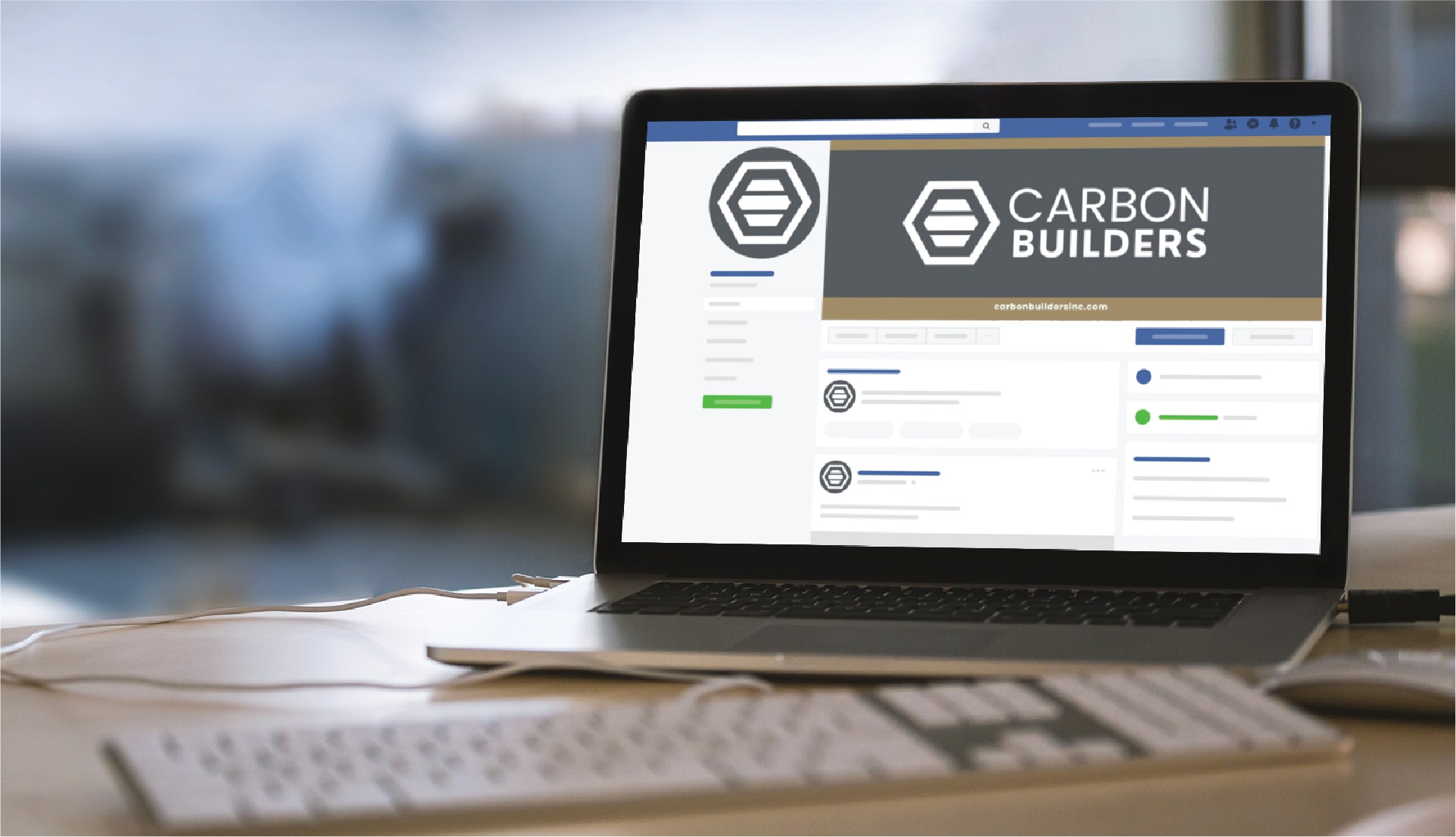 A laptop on a desk displays a website for Carbon Builders, a leading Full Service Contractor Michigan, featuring a hexagon logo, contact email, and custom social media design profile layout. A keyboard and mouse are in the foreground.