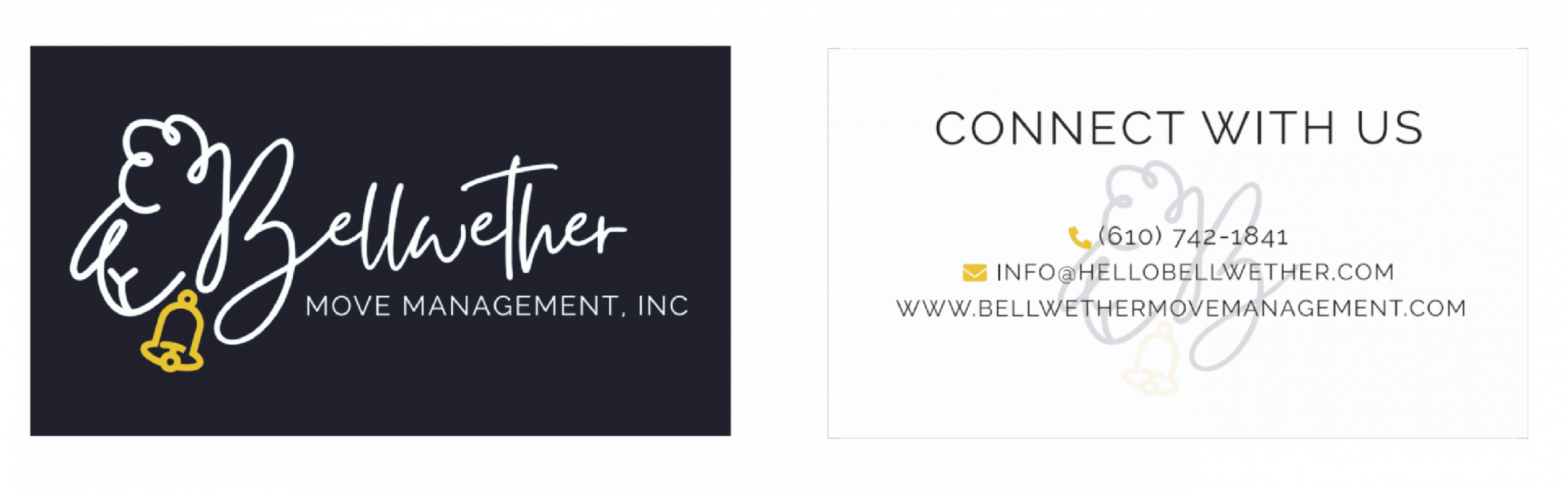 Bellwether Move Management, Inc. business card featuring a logo of a stylized sheep and bell. Contact info includes phone, email (info@hellobellwether.com), and website (bellwethermovemanagement.com), all presented on a crisp white background—a professional print design for Pennsylvania’s trusted move management experts.