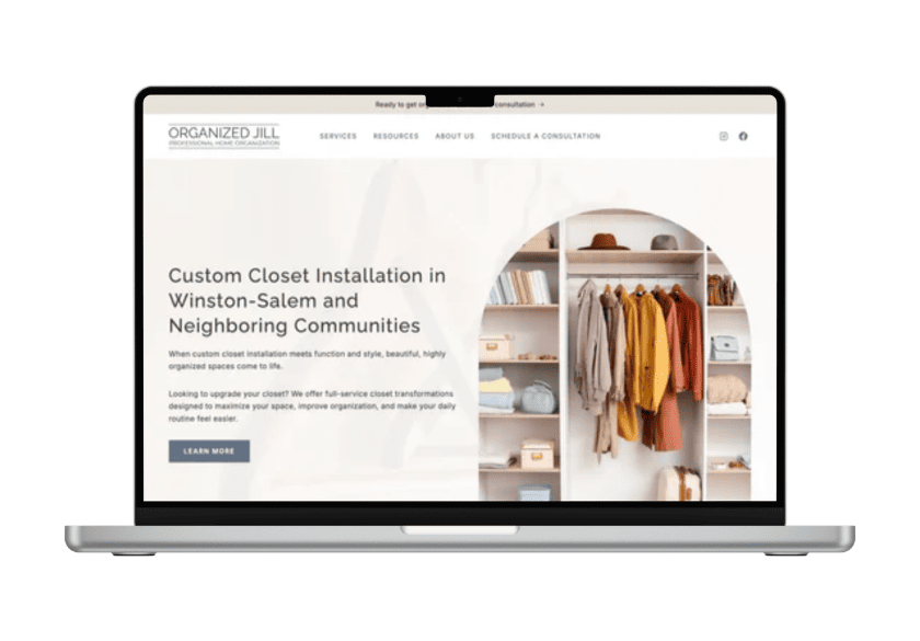A laptop displaying the Organized Jill website, highlighting service area pages for custom closet installation in Winston-Salem to boost local SEO.