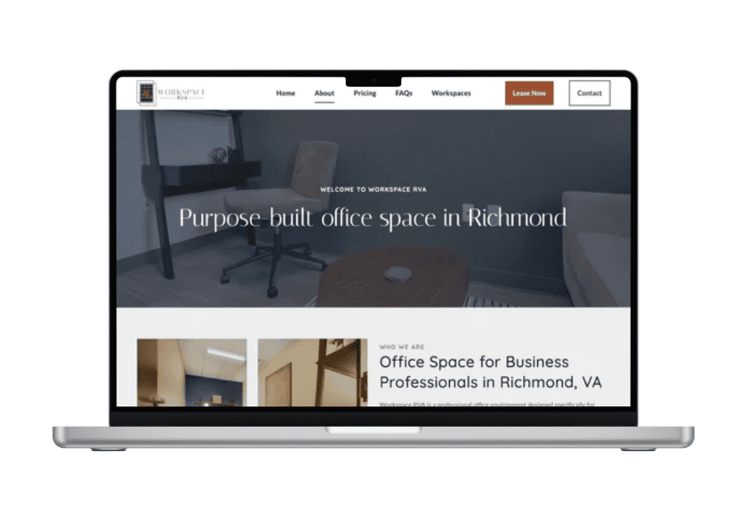 A laptop displaying the Workspace RVA website homepage, which serves as a local SEO landing page featuring the headline, Purpose-built office space in Richmond.