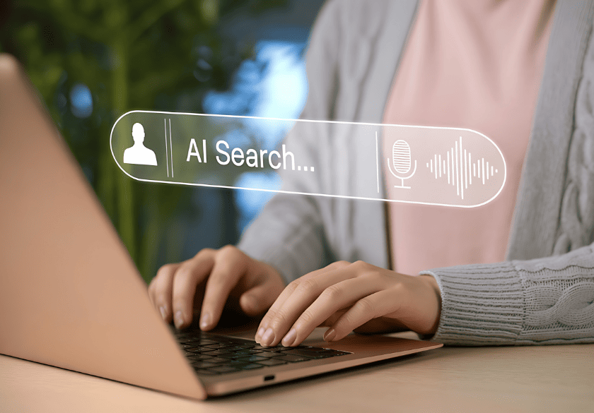A person typing on a laptop with an AI search overlay, featuring a microphone icon and a sound wave, to optimize an SEO strategy.