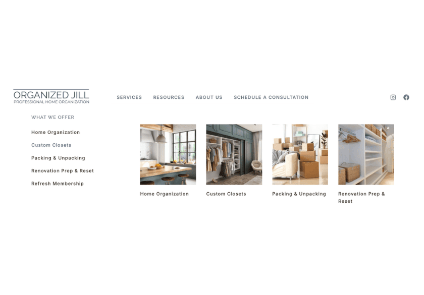Organized Jill website navigation menu featuring service cards for Home Organization, Custom Closets, Packing & Unpacking, and Renovation Prep & Reset, designed to enhance the site’s SEO strategy.
