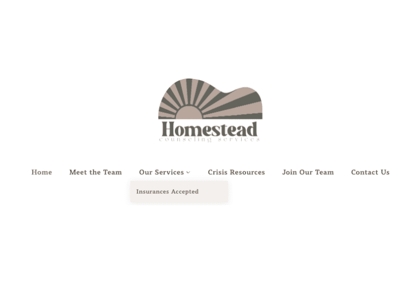 Homestead Counseling Services logo and website navigation menu, including a dropdown menu showing Insurances Accepted to aid AI search.