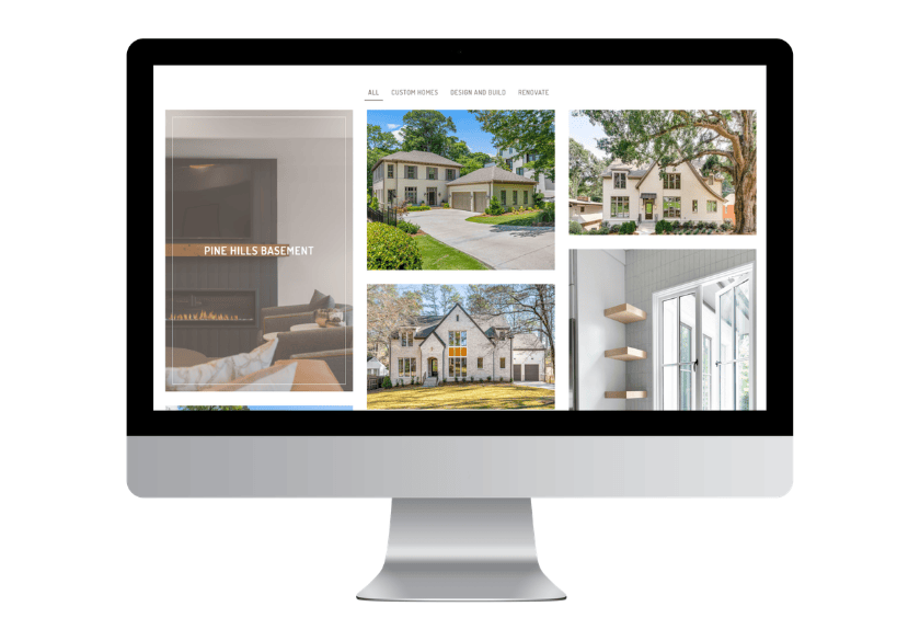 A desktop monitor displaying an architectural website photo gallery featuring images of houses, a basement interior, and shelves, with a top navigation menu for improved website engagement.