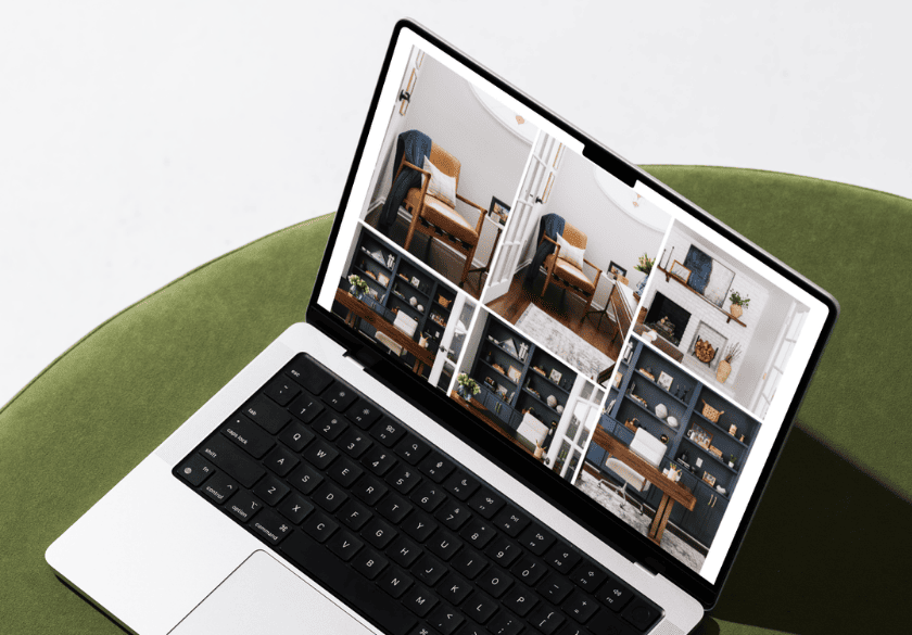 A laptop sitting on a green cushion displays a website photo gallery of interior design images featuring home office and living room spaces.