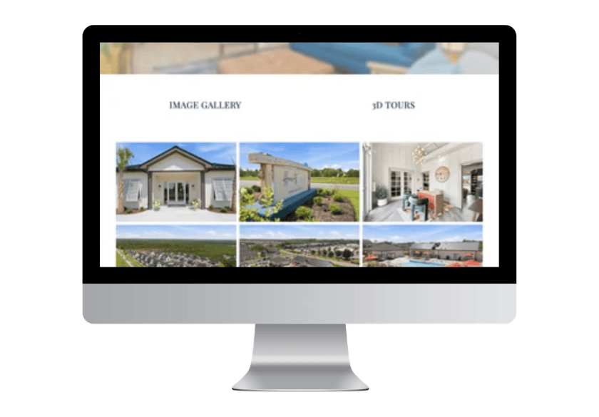 A desktop computer monitor displaying a website photo gallery with the headings Image Gallery and 3D Tours above a grid of property photos.