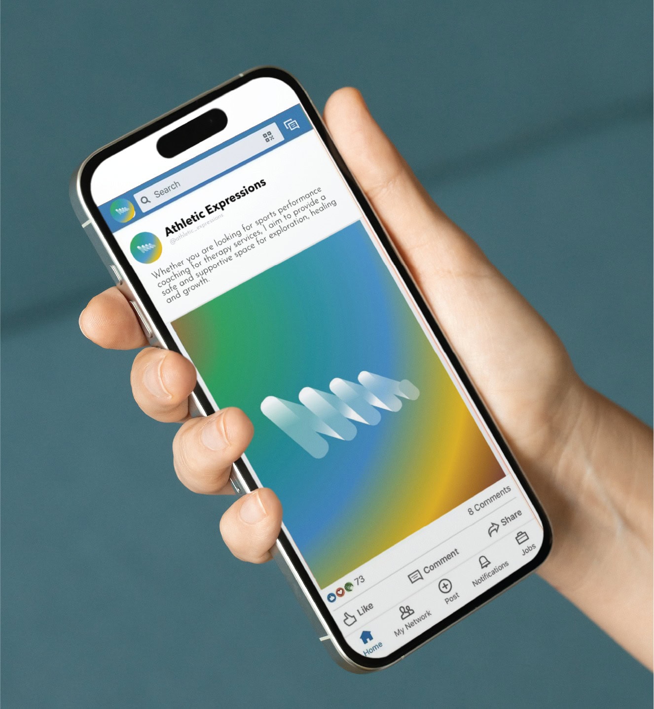 A hand holds a smartphone displaying a social media design for Athletic Expressions, showcasing their sports performance coaching services.