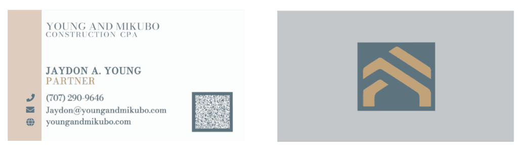 Business card for Young and Mikubo construction CPA featuring contact information for partner Jaydon A. Young, a QR code, and a stylized house logo on the reverse side, representing professional Texas accounting services.