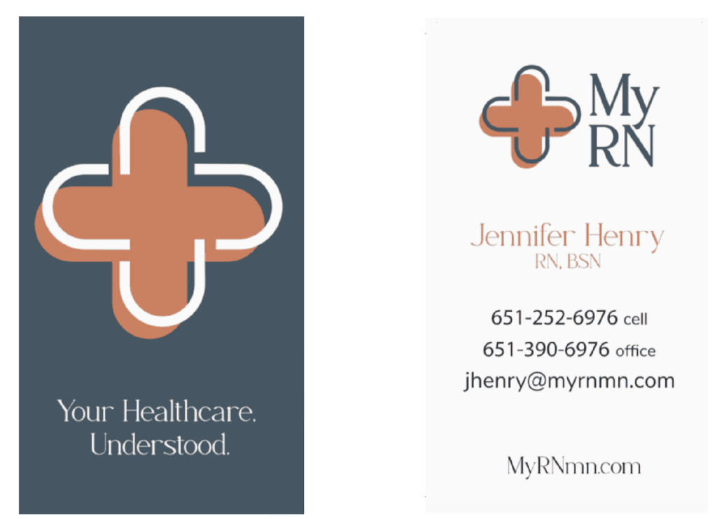 Business card for My RN featuring Jennifer Henry, RN, BSN, with her contact details, email, and website, styled with the professional aesthetic of Texas accounting stationery design.