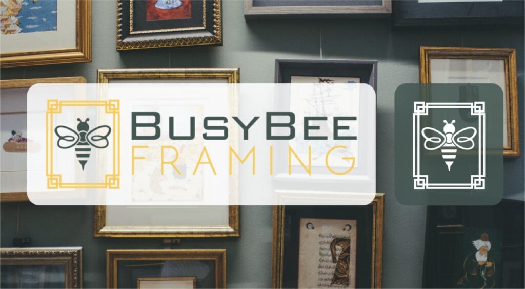 The BusyBee Framing logo featuring a stylized bee icon superimposed over a gallery wall of framed art for California business branding.