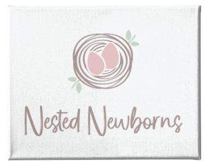 Logo for Nested Newborns featuring two pink eggs in a brown nest with small green leaves above the brand name in brown script, designed for Florida mental health services.